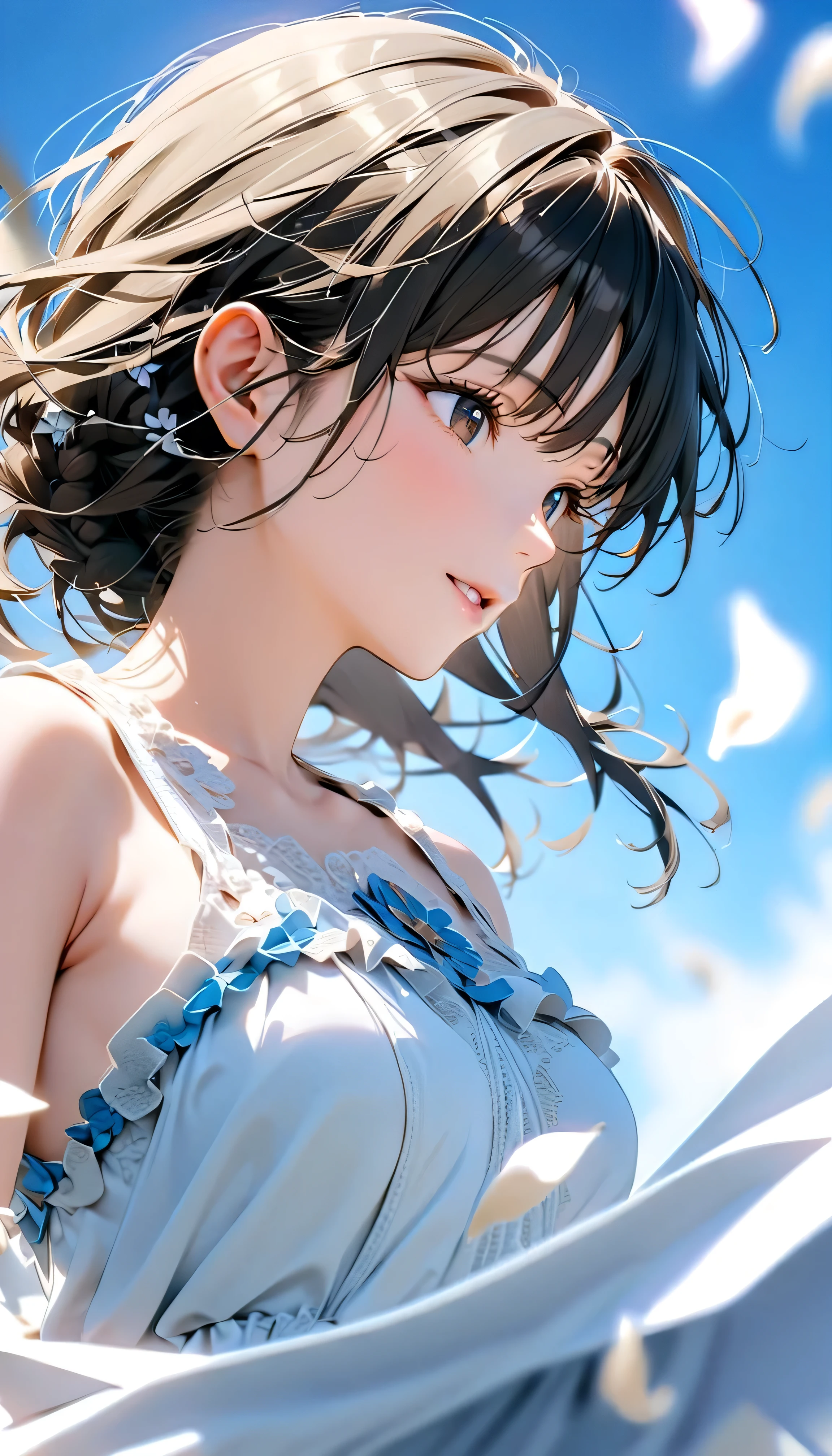 (Highest Quality:1.2, 非常にdetailsな, newest, Highest Quality, Best Aesthetics), 8K Ultra HD, 非常にdetailsな, details, bold configuration, (perfect human structure), beautiful and very delicate texture, (masterpiece:1.2, Highest Quality, Best Aesthetics, wind), (white petals dance:1.2, fantastic blue sky background:1.4), (shallow depth of field:2), windでwhite petals dance, delicate and dynamic, (Light reflection:1.2), (Halation of light:1.2), Romantic and sweet style, コンセプトアートwind, Blessed Virgin Mary white dress, bright light, Beautiful World, New World, accurate, dynamic angle, angel, 1 woman, upper body shot, black hair, dark eyes, young, Textured Skin, shiny skin, charming smile, Girl Beauty , Miraculous Beauty Symbol, ((( white dress with lavish embellishments:1.2))), 2.5d, realistic