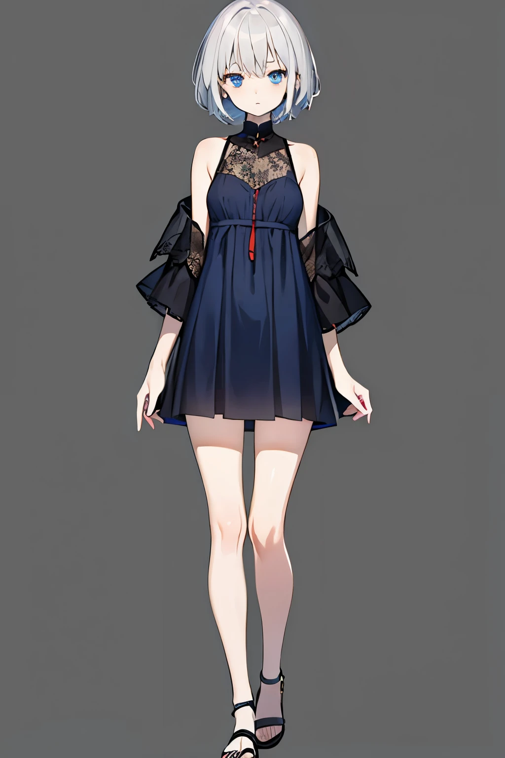 ((top-quality)))1 young girl, character sheets, concept-art, full body Esbian, (​masterpiece:1.2), (Top image quality:1.3), 1girl in, is standing, loose medium hair, A sexy, black dress style costume,  Obscene tattoos, Big,(Beige hair), Green eyes