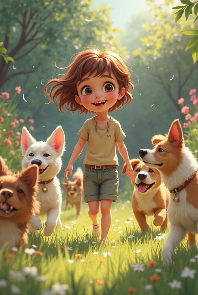 An illustration of a girl with four dogs, I will give you the order of the size of the dogs and their characteristics.
1 The first dog is the biggest and is a hairy honey color, Golden retriever breed 2 The second dog is a little smaller than the big one and is dark brown, German Shepherd 3 The third dog is dark brown with a mix of light brown tones, a stray dog 4 The fourth dog is the smallest, with Chinese fur is white with black spots