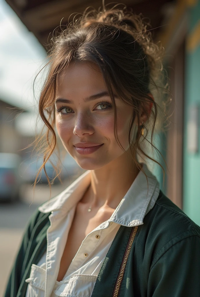 award winning photo of a 20yo woman wearing  half unzipped dirty green coveralls and tanktop, toothy smile, medium bronze bun hairstyle, (small toned breasts:1.5), detailed hazel eyes, highly detailed, fine detail, intricate, dirty spaceship engine room background,  oil stains, <lora:JewelStaite:1.0>