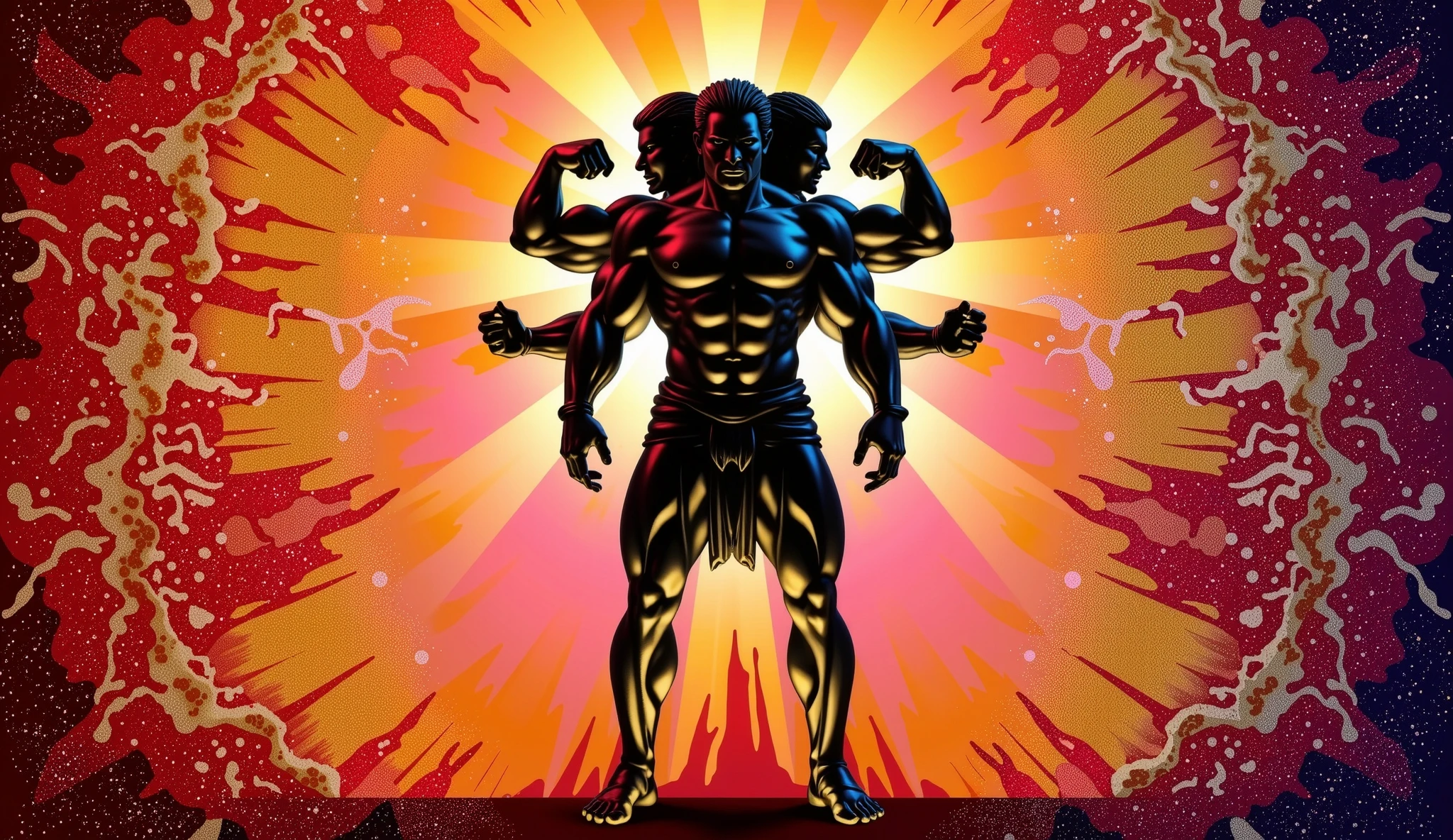 Epic, realistic and cinematic scene: the mythological giant Geryon stands imposingly, with two strong legs and three torsos perfectly joined at the waist. From the waist up, he appears as three warriors back to back, each with two muscular arms. Silhouetted against the light, high contrast. Ultra-realistic, high-resolution and realistic texture. Realistic proportions, high definition, perfect anatomy, Greek statue, bronze statue, Lava explosion in the background.