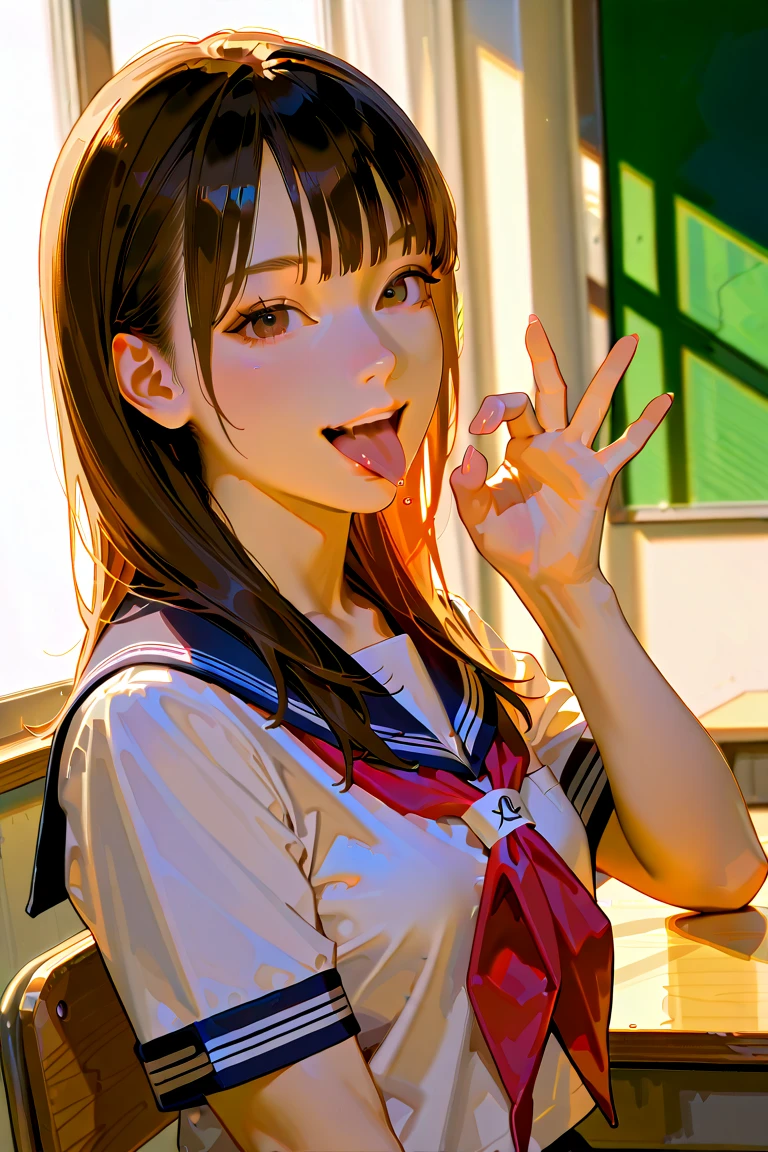 Sticking out tongue and a sailor outfit on, かわいいRealな肖像画, , Sticking out tongue, cute 4k, F8k、RAW Photos、highest quality、Real、Photorealistic、Professional Lighting、mix4、20d、Beautiful Teenage Woman、1 female、Big beautiful eyes、Larger breasts、White tube top