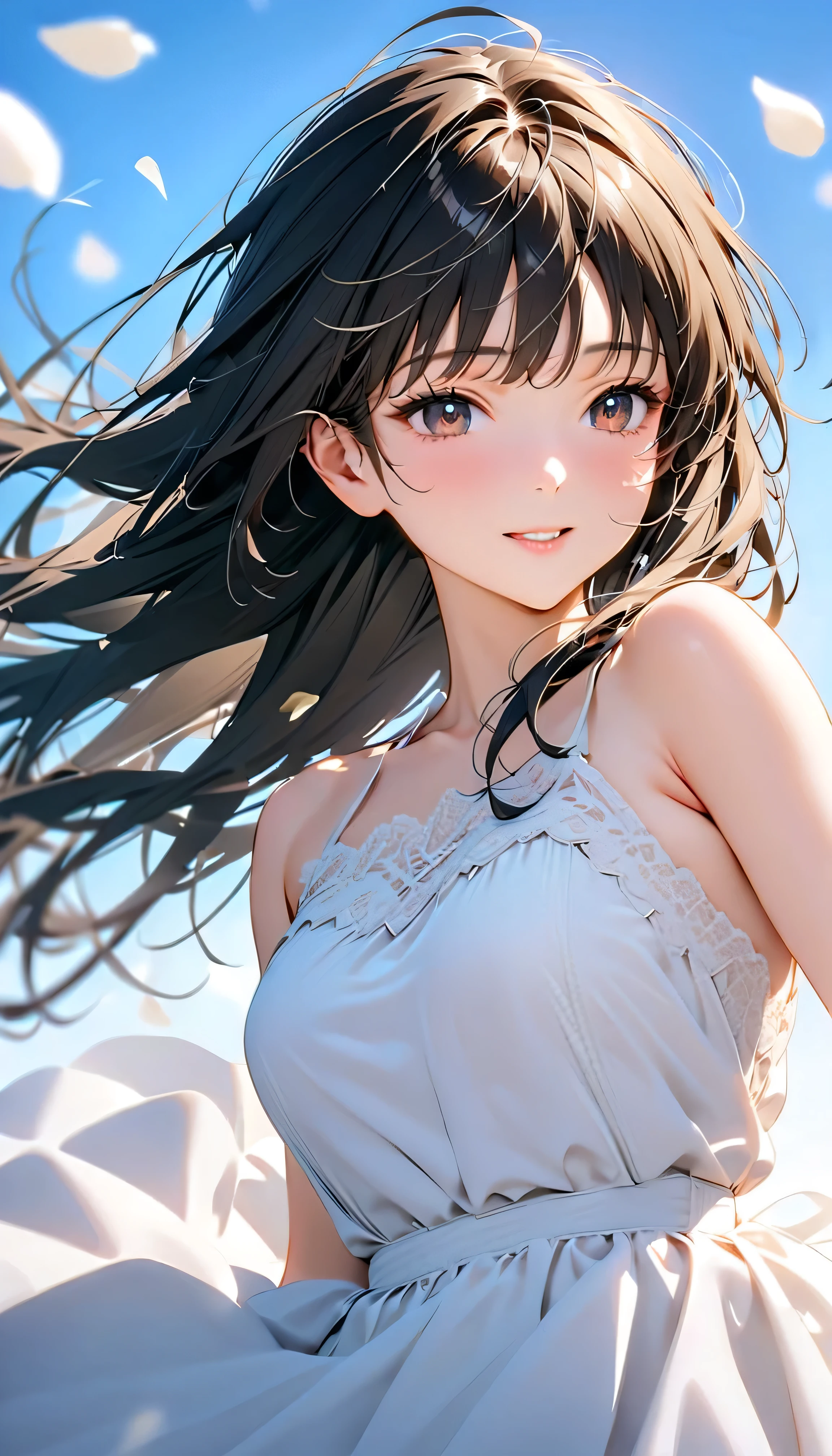 (Highest Quality:1.2, 非常にdetailsな, newest, Highest Quality, Best Aesthetics), 8K Ultra HD, 非常にdetailsな, details, bold configuration, (perfect human structure), beautiful and very delicate texture, (masterpiece:1.2, Highest Quality, Best Aesthetics, wind), (white petals dance:1.2, fantastic blue sky background:1.4), (shallow depth of field:2), windでwhite petals dance, delicate and dynamic, (Light reflection:1.2), (Halation of light:1.2), Romantic and sweet style, コンセプトアートwind, Blessed Virgin Mary white dress, bright light, Beautiful World, New World, accurate, dynamic angle, angel, 1 woman, upper body shot, black hair, dark eyes, young, Textured Skin, Shiny Skin, charming smile, Girl Beauty , Miraculous Beauty Symbol, ((( white dress with lavish embellishments:1.2))), 2.5d, realistic