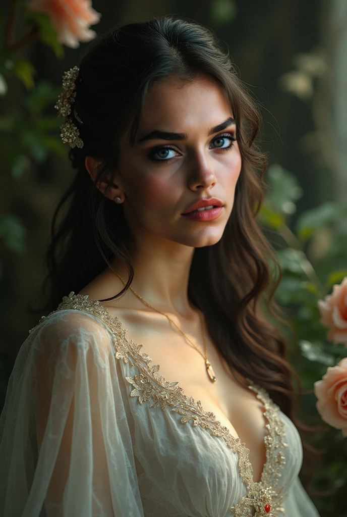 Slytherin pure blood black brown hair emerald green eyes heroine noble white dress white rose