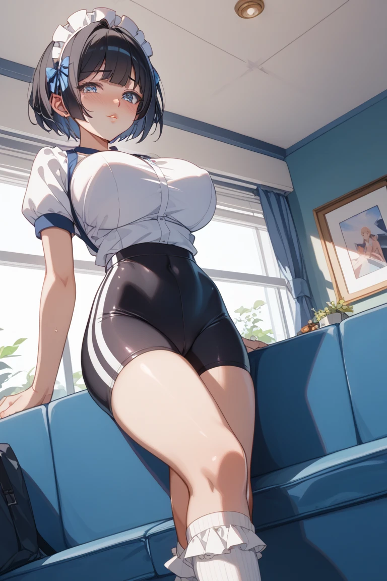 [ 4 k digital art ]!!,ecchi anime art style,moe anime face,anime girl,fling on sports jacket,tracksuit,short pants, (tanned skin:1.2),sweat on breasts,japanese girl,16 years old,wet hair,(sweaty),tanned girls lying on bed,(black hair), short hair,huge breasts,(blushed:1.1),wavy mouth,(humid),(trembling:1.3),thick thighs,