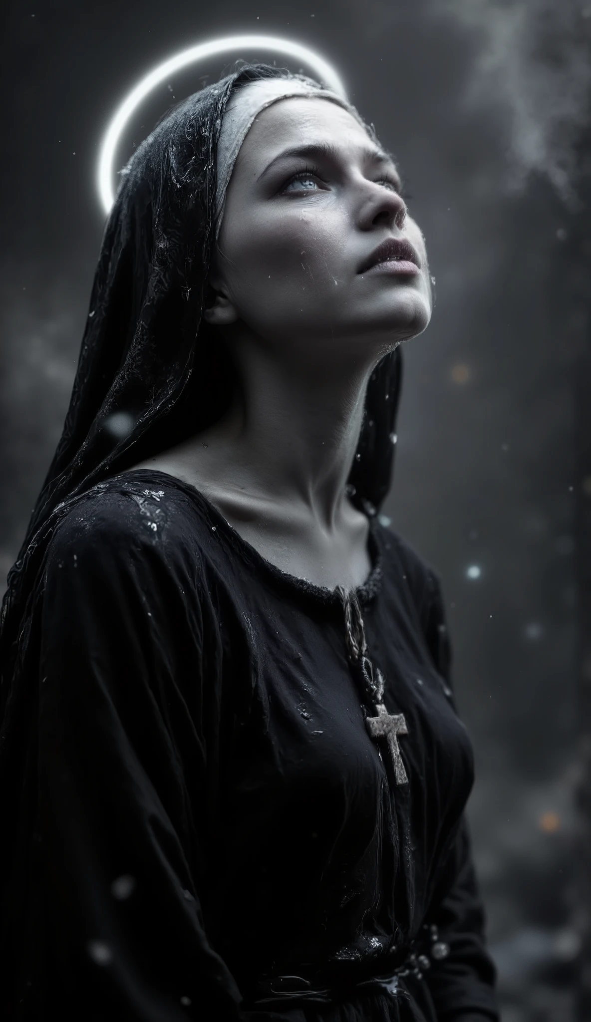 Epic realistic portrait, black and white photography, 25 years old scantily clad sexy sad and crying innocent nun looking up from the right side into heaven. Nun with Jesus on the wooden cross necklace on the chest, tears on face, warmth of exhalation from nose and little open mouth, goose skin, in open cathedral, one visibly leg, more sweaty in face and body. Naked nun wearing a wet torn ripped and dirty in the habitus, realistic halo above head, bloody slash wounds, in the winter with snow, more fog and volumetric lights, fire torch and candles some with raising dark smoke, full body, Hasselblad X2D 100C, looking into the lens, in the night and dark corridor, focus f=1.2, more stars bokeh, distance=25 ft, epic backlight, light from above to down and face. 8k nordic woman... --ar 9:16
