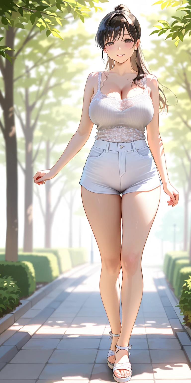 soft lighting, backlit, younger Anne Hathaway, aged 18, melancholy, looking aside, sfw, (very tall teenager), (very long torso), (very long neck), (skinny), (arafed), (slim), hidden symmetric breasts, loose tucked-in scoop-neck short-sleeved t-shirt, daisy dukes, shorts, sandals, detailed beautiful bright symmetric eyes, outdoors, nature walk, thick forest, overgrown path, walking, blonde/auburn hair, (big huge enormous massive colossal gigantic breasts), (topheavy), (cleavage), (big flowing extremely long hair with waves), bangs