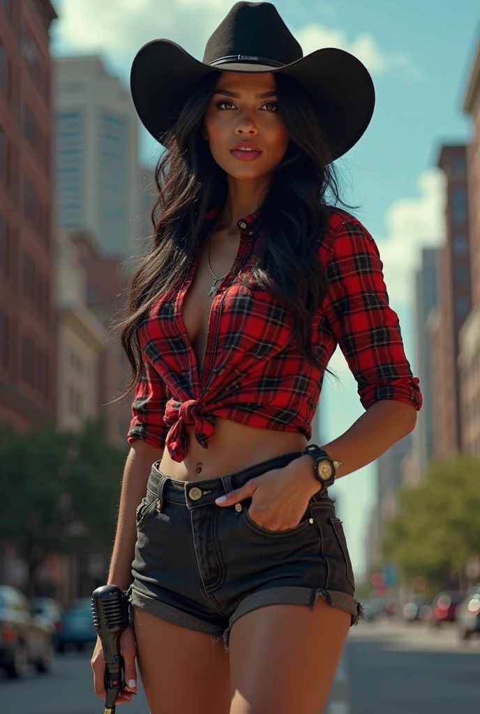 A beautiful woman wearing a knotted plaid shirt, denim shorts, narrow waist, --auto --style art-imagine -