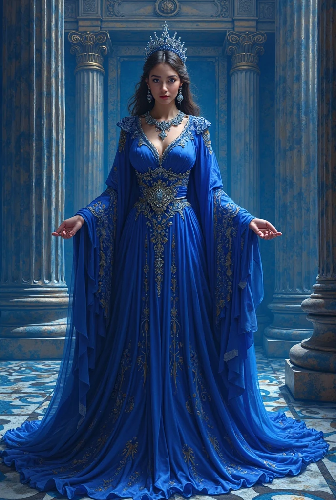 (full body photo:1.3), adult woman, HHUD, <lora:HUD3:0.8>, standing, wearing HUD_spr_armr, hair flower, long (lapis lazuli chiffon dress), long sleeves, jewelry, intricate engraved metal neckpiece, shoulder piece, yellow diamond jeweled belt, breastplate, laser cut sleeves, <lora:HUD_spr_armr-07:0.3>, (long hair:1.1), 4k, setting with trees and a lake