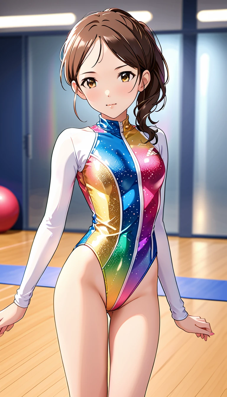 expensivequality illustration, masterpiece, Very delicate and beautiful, Attractive girl,(Gymnastics leotard, Floral print leotard,キラキラ輝く装飾が施されたLong sleeve leotard,expensive_Leg leotard,athletic leotard,tight-fitting leotard,Rainbow gradient leotard,Long sleeve leotard),thin,Slender body,slim,expensive school,Gymnasium background,Gymnastics Club,Gymnast,Princess, Beautiful Eyes,A light smile,(masterpiece, Highest quality:1.2), expensiveres, 非常に詳細な CG ユニティ 8K 壁紙, Perfect lighting, colorful, ultra-expensive res,4K,Super detailed, photograph, 8K, High resolution, 17 years old, whole body,