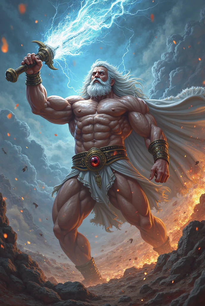 An oil painting of Zeus, god of Olympus, handsome, long straight nose, white beard, robust, sinewy muscles, shirtless, holding a thunderbolt, smiling, mount Olympus in background, by Frank Frazetta, by Boris Vallejo, by Louis Royo