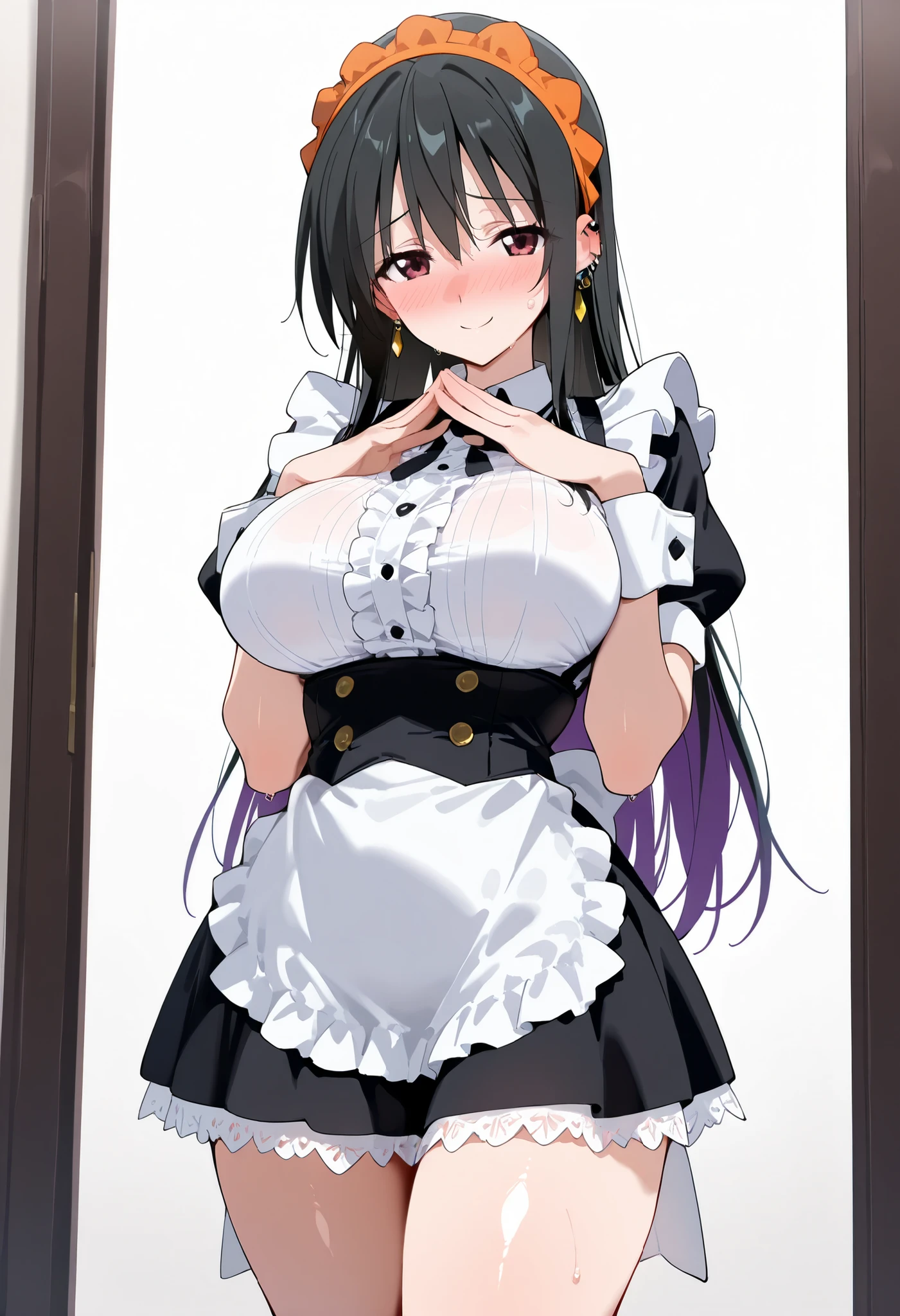 , Akeno himejima , (long hair, Black hair ), purple eyes, earrings, ear piercing, multicolored hair, score_9, score_8_up, score_7_up, source_anime, masterpiece,best quality, large breasts, shy, embarrassed,., NICE LEGS, white background, empty background, opaque clothes, SOLO, shiny skin, shiny hair, shiny body, clear body, brown eyes, large breasts, nose blush, sweat, sweaty, sweaty:1.3, white background, simple background, standing, nice legs,, looking at viewer, thick thigh, thick thighs, nice face, solo, STANDING, POSING, EMPTY BACKGROUND, WHITE BACKGROUND, thick thigs, slim waist, POSING, STANDING, COWBOY SHOT, wearing a classic French maid outfit with black and white frills, large bust and slim waist, standing with hands together in front of her, confident and slightly mischievous smile, elegant and seductive atmosphere, soft shadows, high detail, ORANGE HAIRBAND