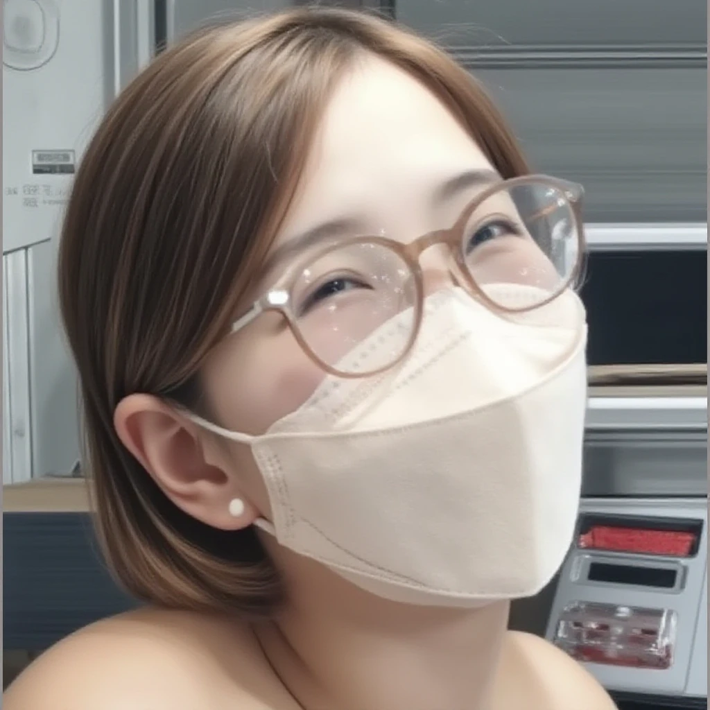 giantess、Giantess、A woman taller than a skyscraper、Realistic、Realistic、Realistic景色、Realistic女性、Wear a non-woven mask、Naked Women、Sober atmosphere、Shy personality、Hide your face、Long Hair、Glasses、Japanese、Woman looking up from the ground、