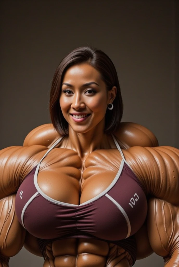 "Generate a realistic image of a fit and muscular anthro elephant woman with an attractive hourglass figure, dressed in a tight gym leotard. Highlight her well-endowed bust, long flowing hair, long trunk, and tusks. buff and sexy."