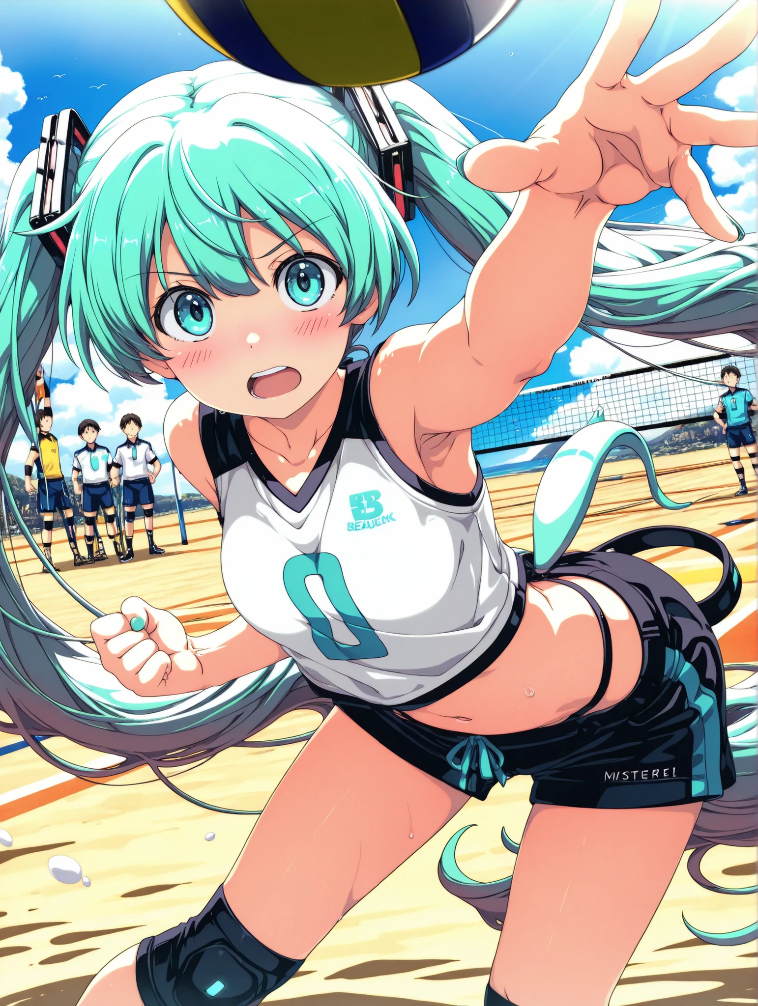 (masterpiece、Highest Quality、Highest Quality、Official Art、beautiful and beautiful:1.2)、(1 girl on break day:1.3)Hatsune Miku、beautiful breasts、light green twin tail、Only one female, standing (squatting:0.8), (Underhand receive), (dynamic pose), (beach volleyball players), (uniform with company logo) cropped top, bungs, ogipote, (teeth:0.8), (masterpieceを目指す天使:1.2) Delicate Illustration Super Detailed, medium chest, (logic:0.6) in their 40s (sandy beach) Outdoors, (beach volleyball court for beach volleyball), Flying Sand , blue sky, detailed background