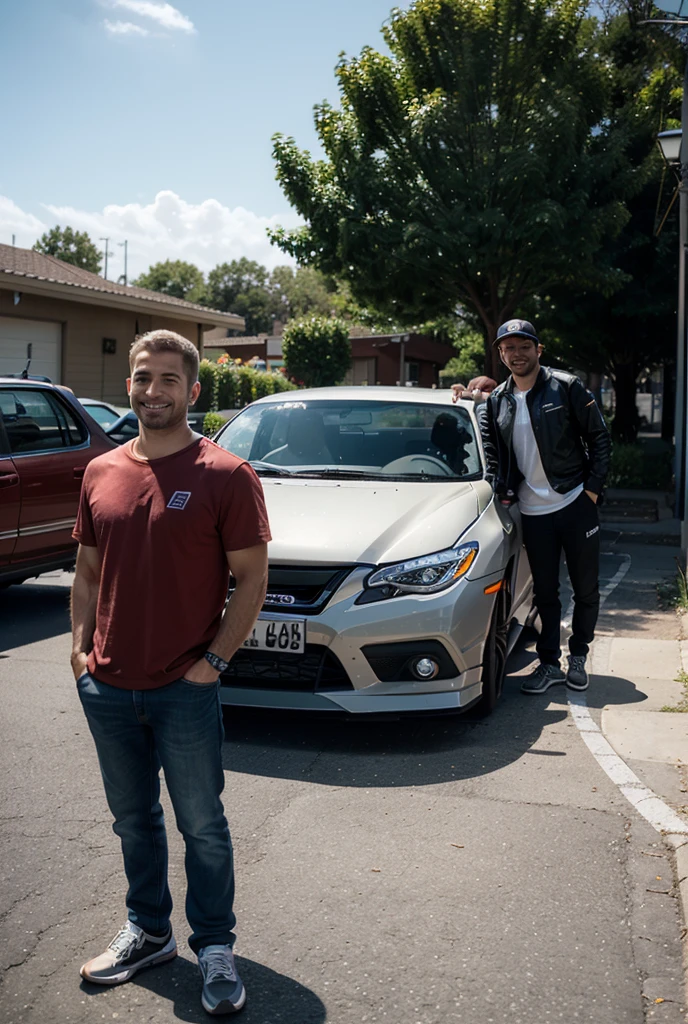 (Two men chatting),sface focus,Face the lens,sideways standing,Hands on the car,detailed face with,Casual wear,A car in the background,at the parking lot
