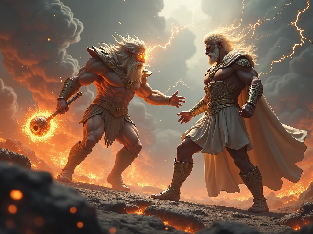 Zeus the god of thunder attacks Ares the god of war 
