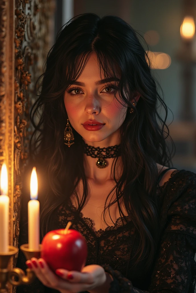 ((melhor qualidade)), ((master piece)), ((Perfect face)), one innocent girl with black hair, using white flawlless dress, kneewing in front a lower table, holding a candle, doing a satanic ritual, chilling lights, a monster in the shadows of the room