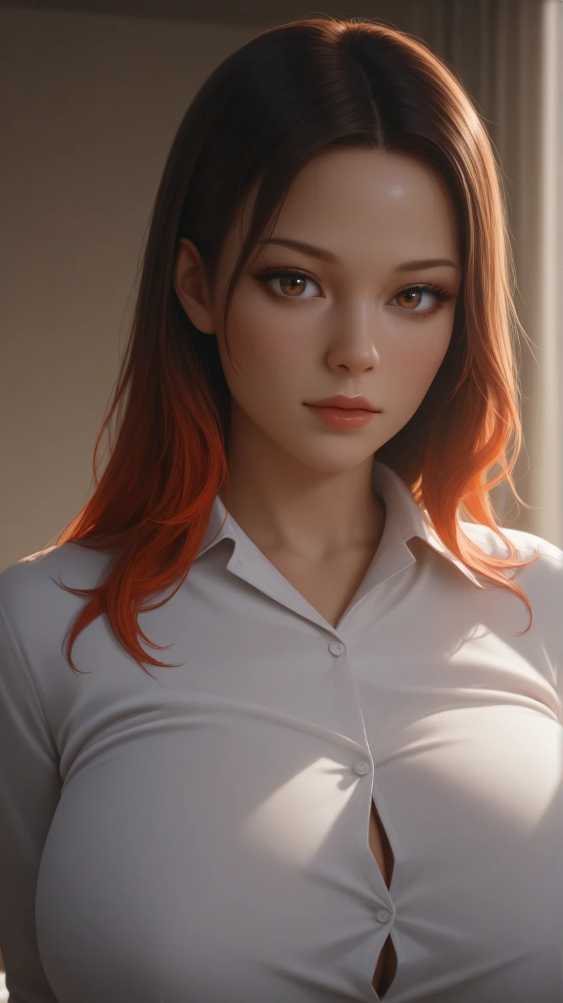 (sexy red haired young woman,perfect body,posing in unbuttoned pink mens dress shirt, ,model, cleavage,stage,luxury hall),(oil painting),(detailed face,beautiful eyes,detailed lips),(best quality,highres:1.2),(realistic),(portrait),(vibrant colors),(soft lighting) 22 year old, happy