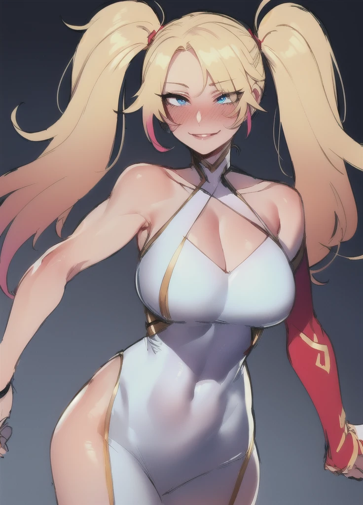 (((best quality))), (((high resolution))), (((masterpiece))), ((ultra-detailed)), (illustration), ((an extremely delicate and beautiful)), ((super detail)), (((20 years old))), ((adult)), (((tall))), gleaming skin, shiny body, breast focus, (((((ultra-huge breasts))))), sadistic smile, ((big round eyes)), cute eyes, drooping eyes, two hands, five fingers, no extra hands, two legs, slender legs, ((biopunk)), ((metallic cloth)), (android), gynoid, delicate metal decorations, (medium length hair), (hair shorter than shoulder), braid, pony tail, (see-through), ((midriff-baring outfit)), (shining brightly), daytime, city, (dark pink blond), (metallic dark violet), (latex), camel toe, pussy juice, (((bare legs))), (cybernetics), ((corrupted cheerleader)), ((topless)),