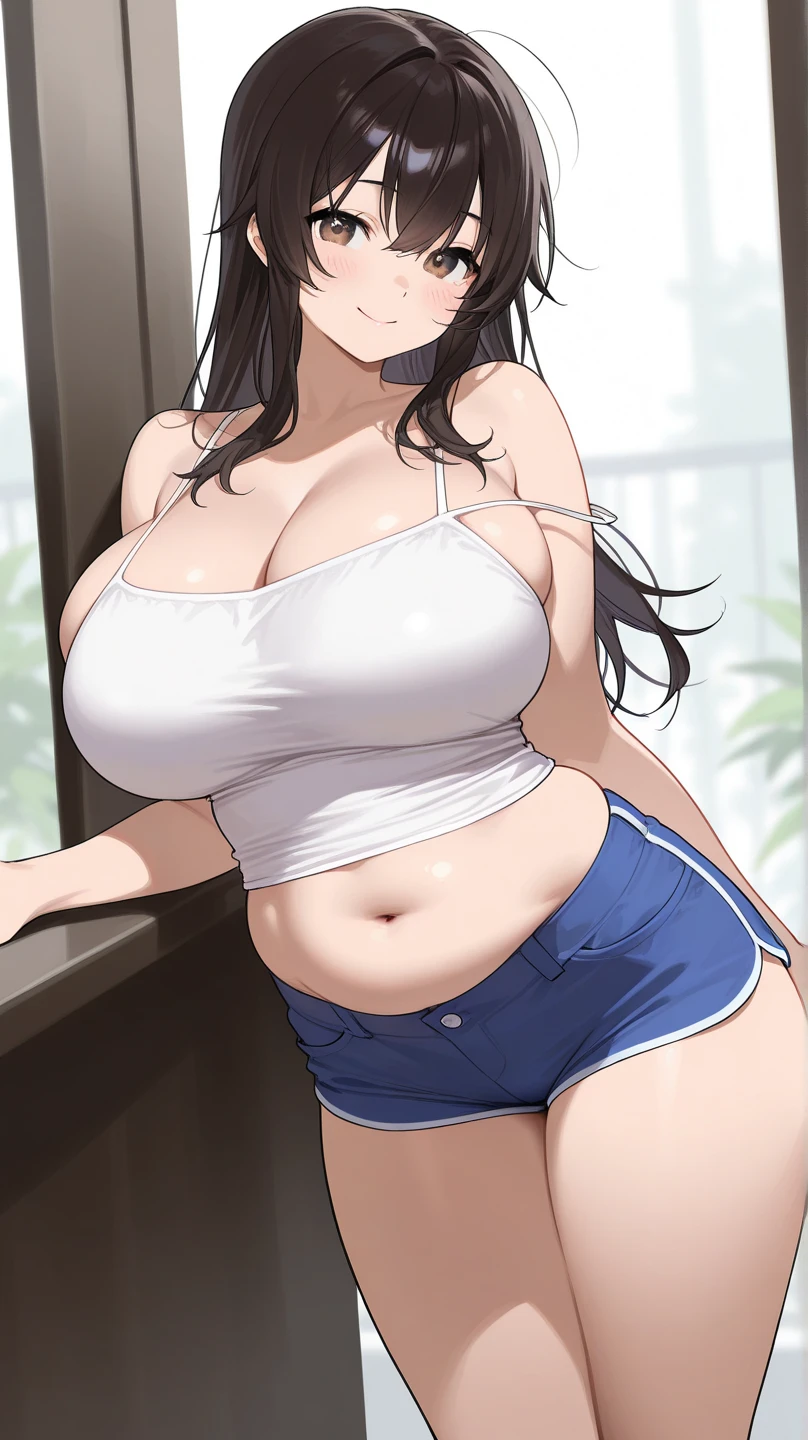 ((Masterpiece)), perfect anatomy, perfect shading, field of depth, (best quality), extremely delicate and beautiful, perfect lighting, detailed face, ultra cute face, cute, (cowboy shot 1.2), full body, (((1girl))), (((solo))), cheerleader
long hair, fluffy hair, brown hair, green eyelush))), embarrassed, (cheerleader uniform), (blue and white crop 1.2), (short section skirt 1.2), thigh highs, chocker, extremely tight clothes, large breasts, cleavage, perky breasts, (((wide hips))), ((thick thighig butt)), ((plump)), chubby belly, fat rolls, belly hang, she has a jiggly belly,
football field, intricate background, detailed background, sweaty, out of breath