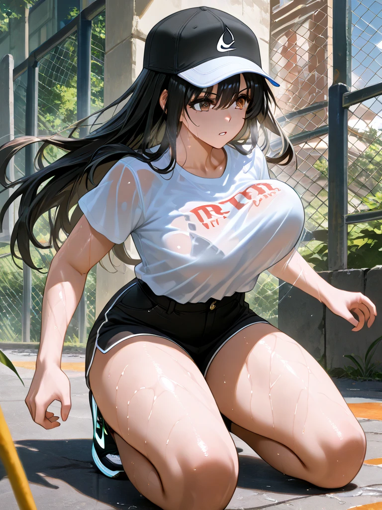 running, sweat, running, big boobs, tan,marathon, long black hair, number, plump