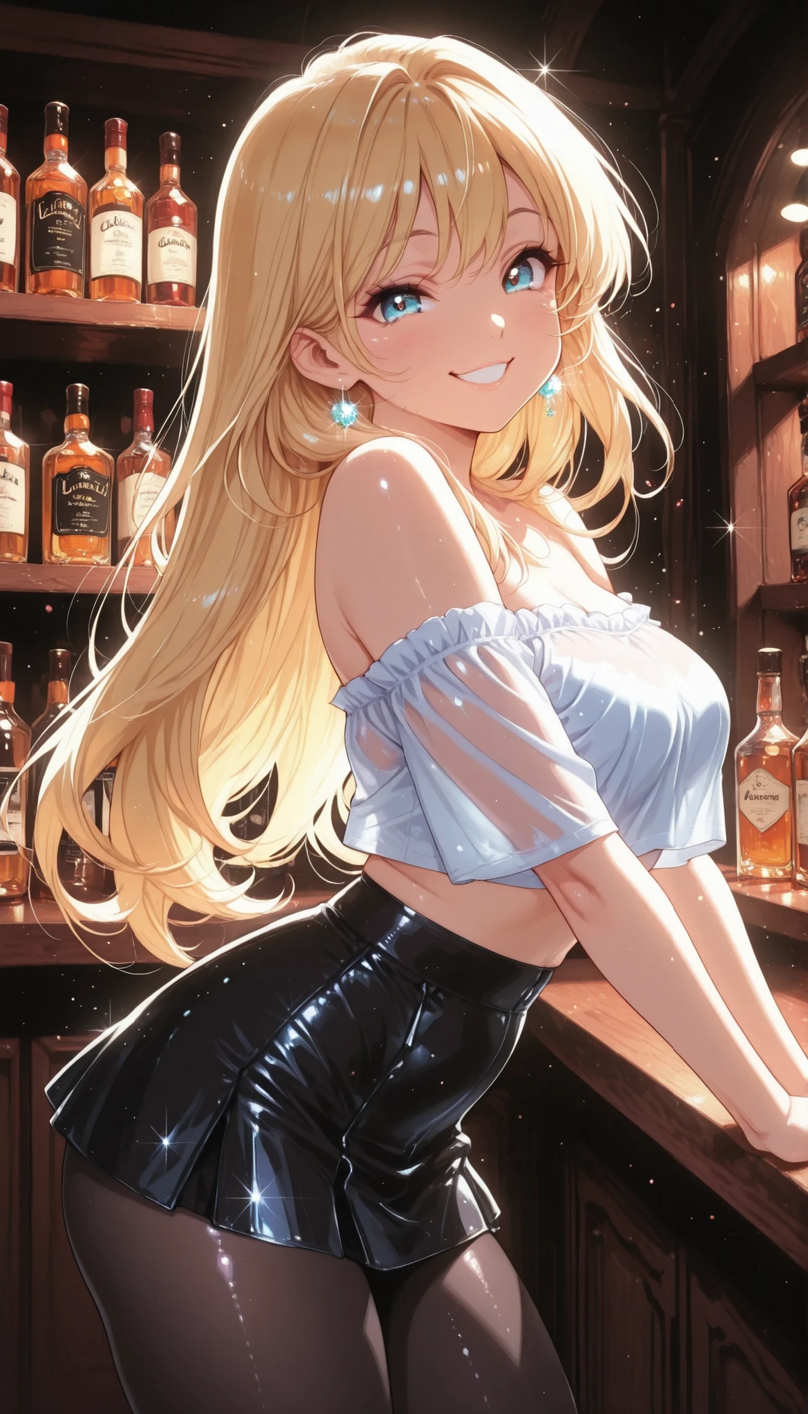 is so lovelyな女子校生, 1 woman, beauty, (blonde long hair, white off-shoulder, See-through Tops, cropped tops, black mini skirt, black pantyhose), dark store interior, Liquor shop, Lively, laugh, nasty smile, close-up, Bottles of sake lined up on a shelf, Glowing Contours, Backlit lighting light, glittering, Glamor, is so lovely, colorful, lively, look at the viewer , sexy pose, high image quality, very aesthetic, Highest Quality, masterpiece.