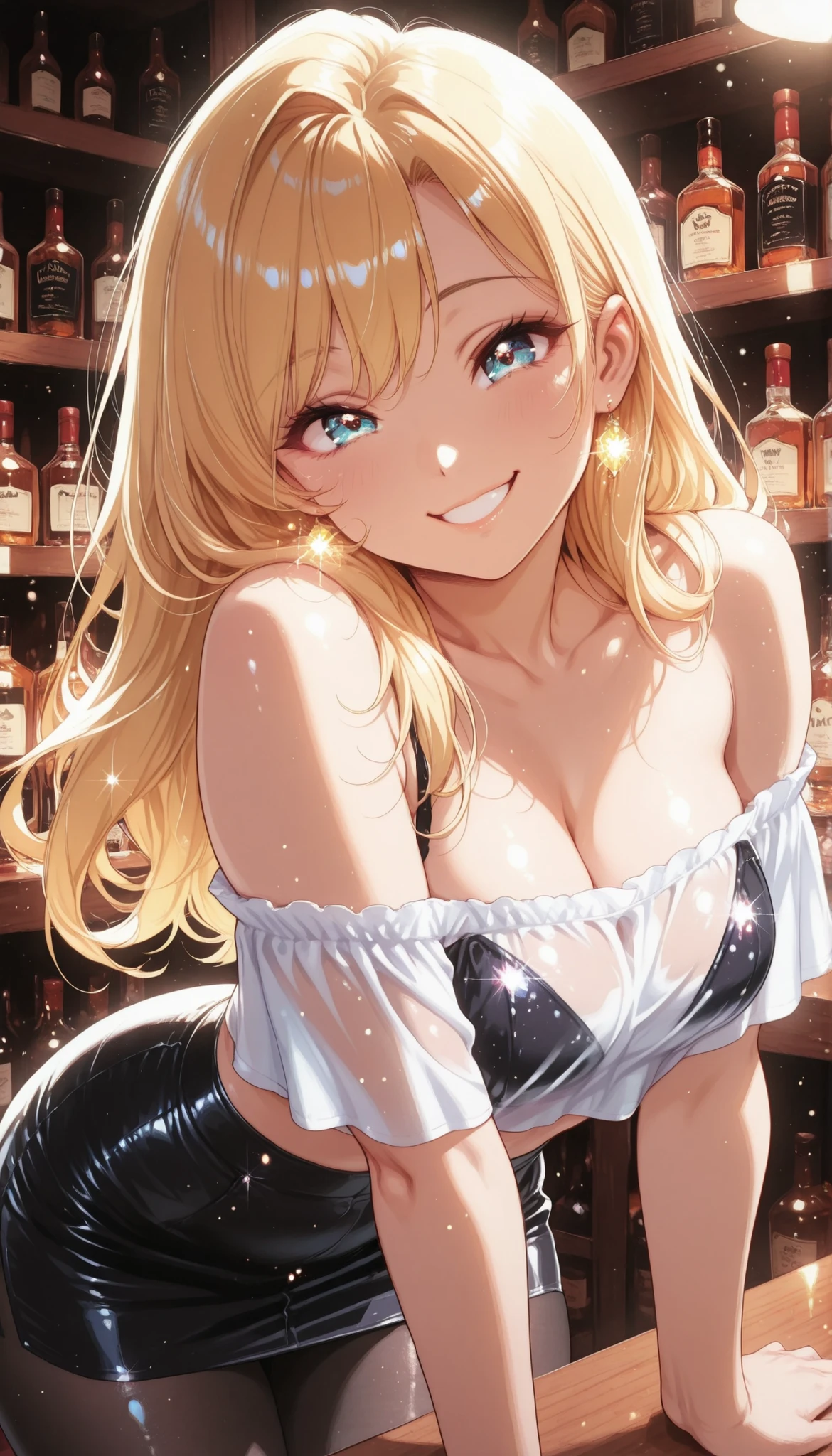 is so lovelyな女子校生, 1 woman, beauty, (blonde long hair, white off-shoulder, See-through Tops, cropped tops, black mini skirt, black pantyhose), dark store interior, Liquor shop, Lively, laugh, nasty smile, close-up, Bottles of sake lined up on a shelf, Glowing Contours, Backlit lighting light, glittering, Glamor, is so lovely, colorful, lively, look at the viewer , sexy pose, high image quality, very aesthetic, Highest Quality, masterpiece.