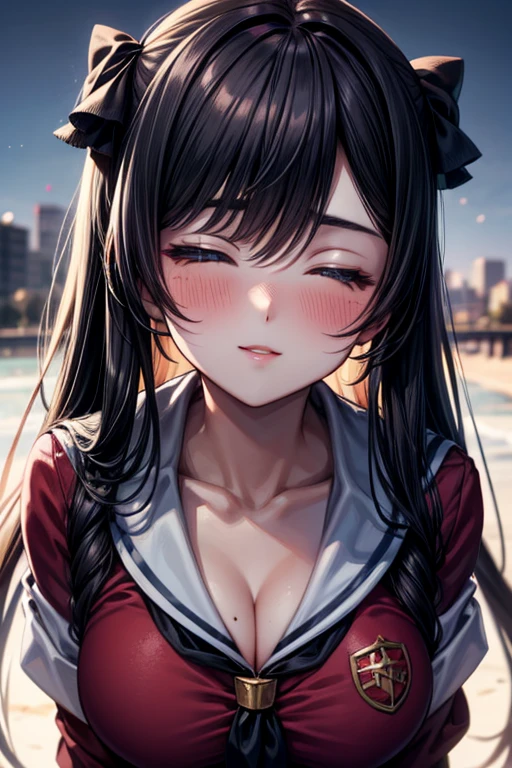 (Ultra Real), (Illustration), (High Resolution), (8K), (Very Detailed), (Best Illustration), (Beautiful Detailed Eyes), (Best Quality), (Ultra Detailed), (Masterpiece) Large breasts, Bare shoulders attractive legs, (busty), (perky) (large ass) (bubble butt) human_feet, messy hair facial mark,barefoot, long hair ,skull (red eyes:1.7), brown hair, shirt, ribbon, school uniform, white shirt, black ribbon, neck ribbon, black shorts, (black hair:1.5), hair ends in red, elf ears, face close up, in a school,