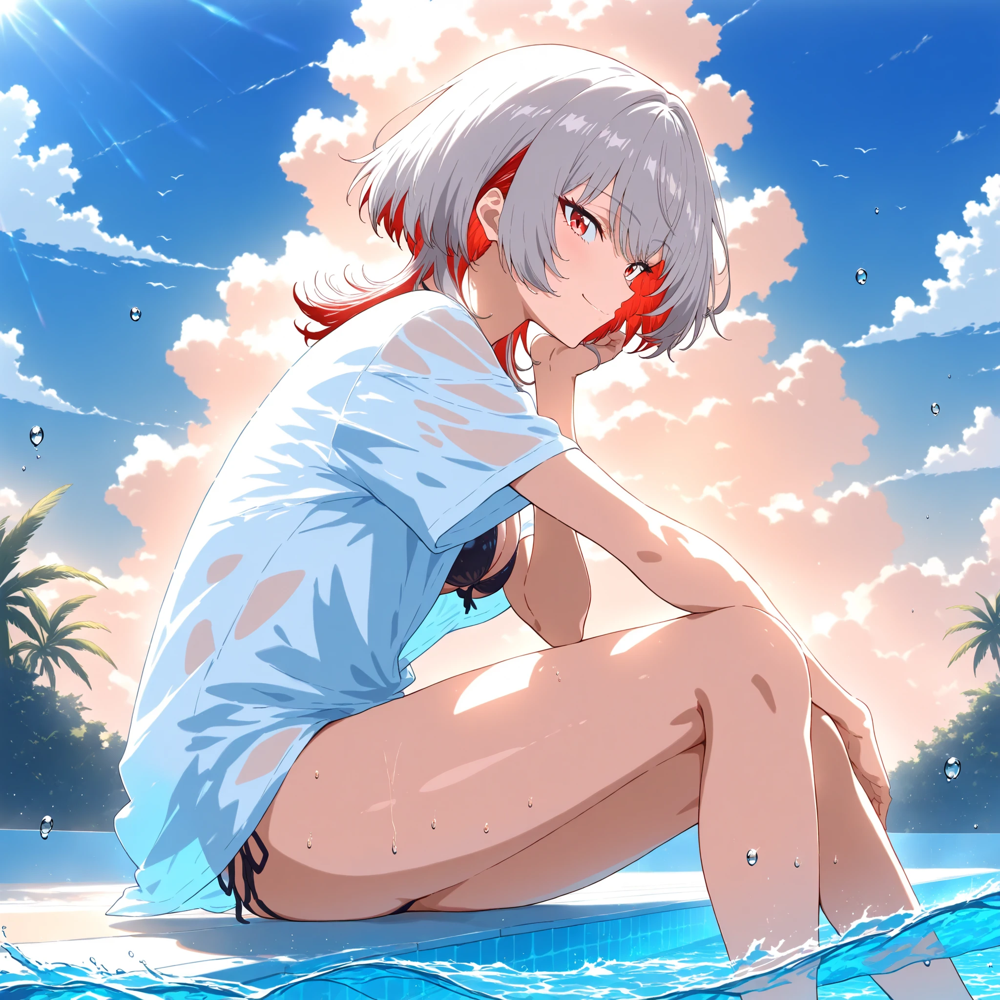 anime style, masterpiece, best quality, 4K, solo, female with wolf cut gray hair, red highlights and red inner color, red eyes, stylish and slender body, side profile, cool smile, wearing a black bikini with a white shirt over it, shirt is wet and slightly transparent, sitting by the poolside, sunlight illuminating her skin, water droplets sparkling, relaxed natural pose, soft breeze and sunlight, refreshing summer atmosphere, anime aesthetic lighting and colors