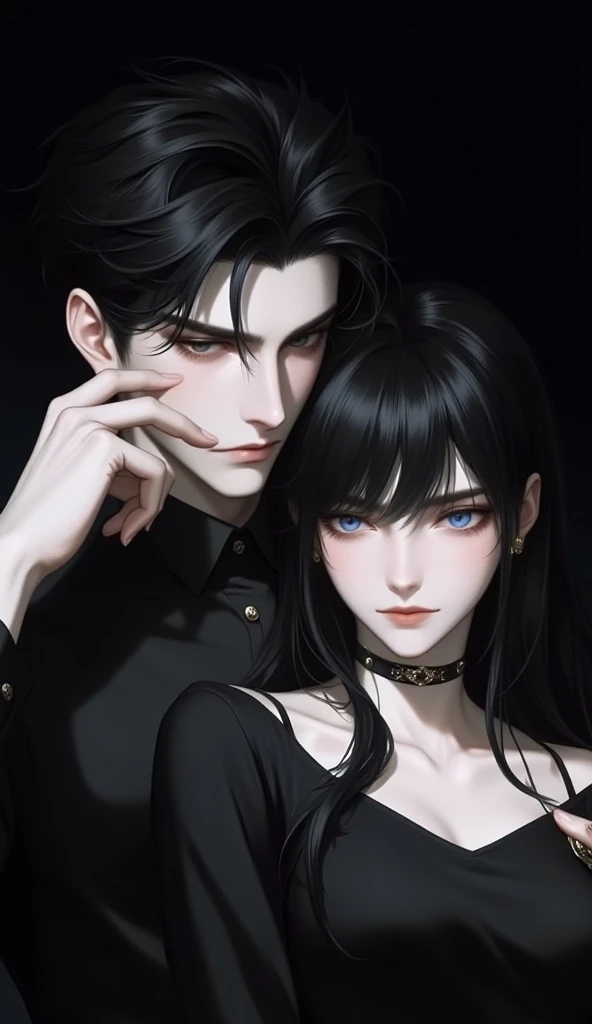 (masterpiece, best quality), 2 others, couple, 1 boy with 1 girl, Height difference, different color, upper body, side view, simple background, white background, extreme eyes details, girls wear maid clothes, boys wear black vest