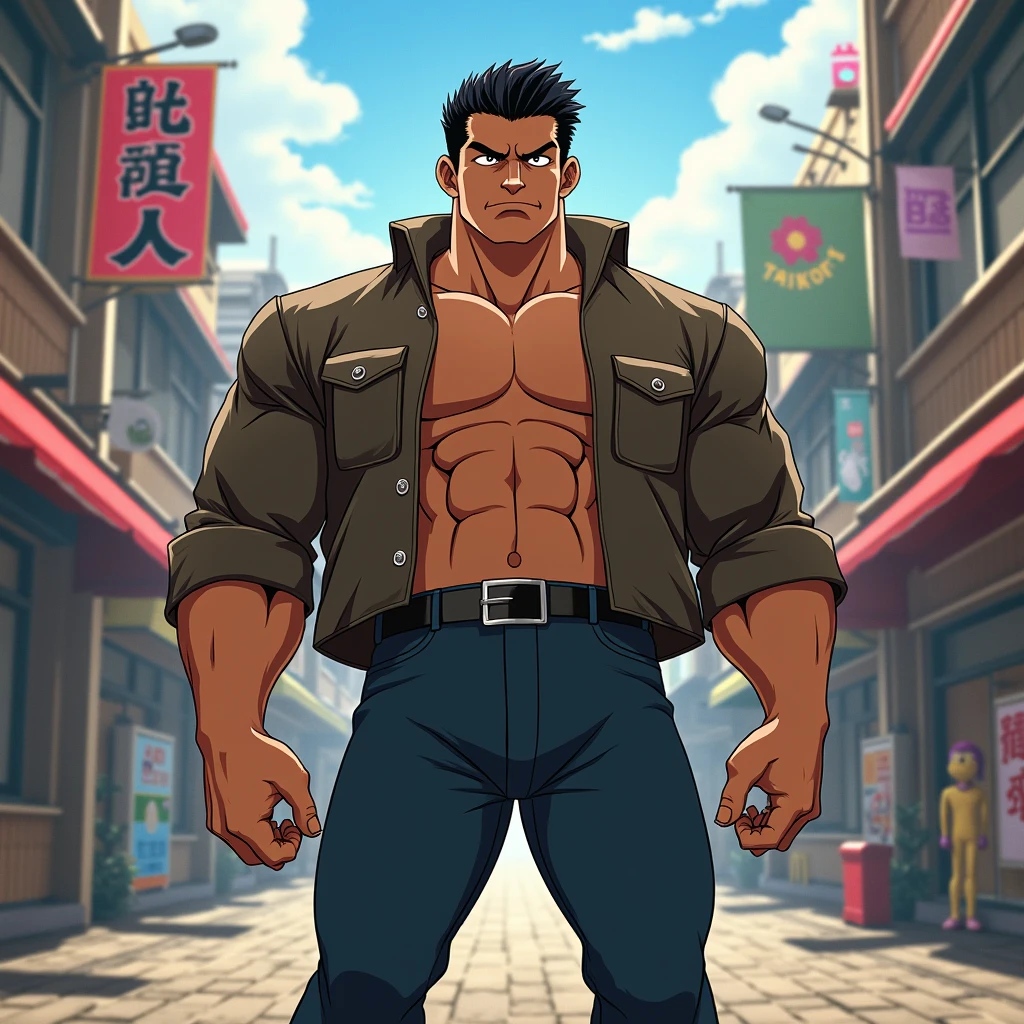 an anime man wearing a fundoshi while standing in a busy street, cinematic, 4k, drawn, anime, <lora:Cruz'sFundoshi:0.7>
