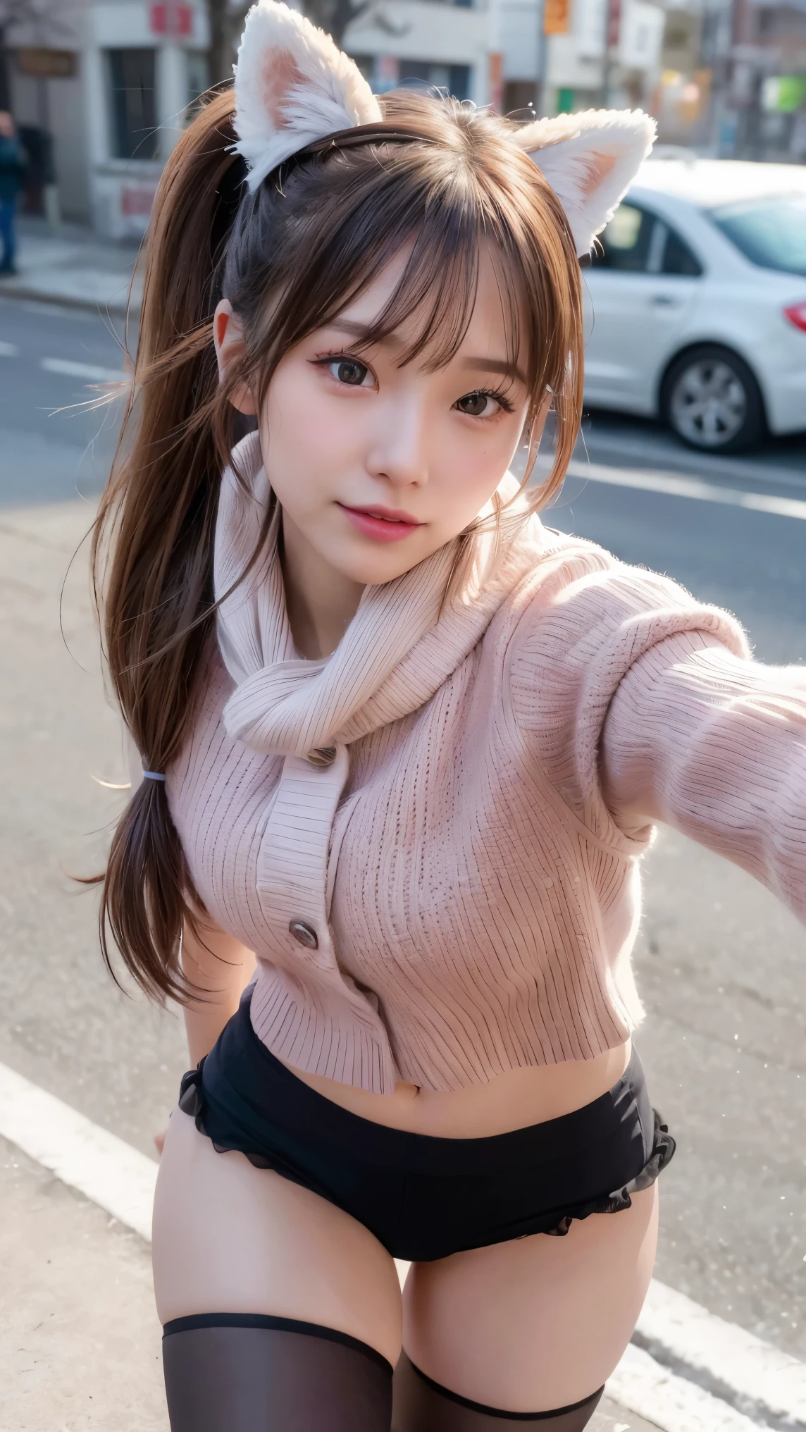 (Highly detailed CG Unity 8k wallpaper, of the highest quality, Ultra-detailed, High resolution, masutepiece, Realistic, Photorealistic:1.5), (cute Japanese girls), extra detailed face, Face Focus, Beautiful detailed eyes, Eye focus, (Detailed background), detailed  clothes, super detailed skin, (She is wearing an adorable fluffy pink knit:1.6), (exposing one&#39;s panties to the viewer:1.5), (Sidewalks in Shibuya:1.5), Midi wavy hair, Brown hair, Floating hair, medium breasts⁩, medium ass, (make up), (Adorable smile:1.3),