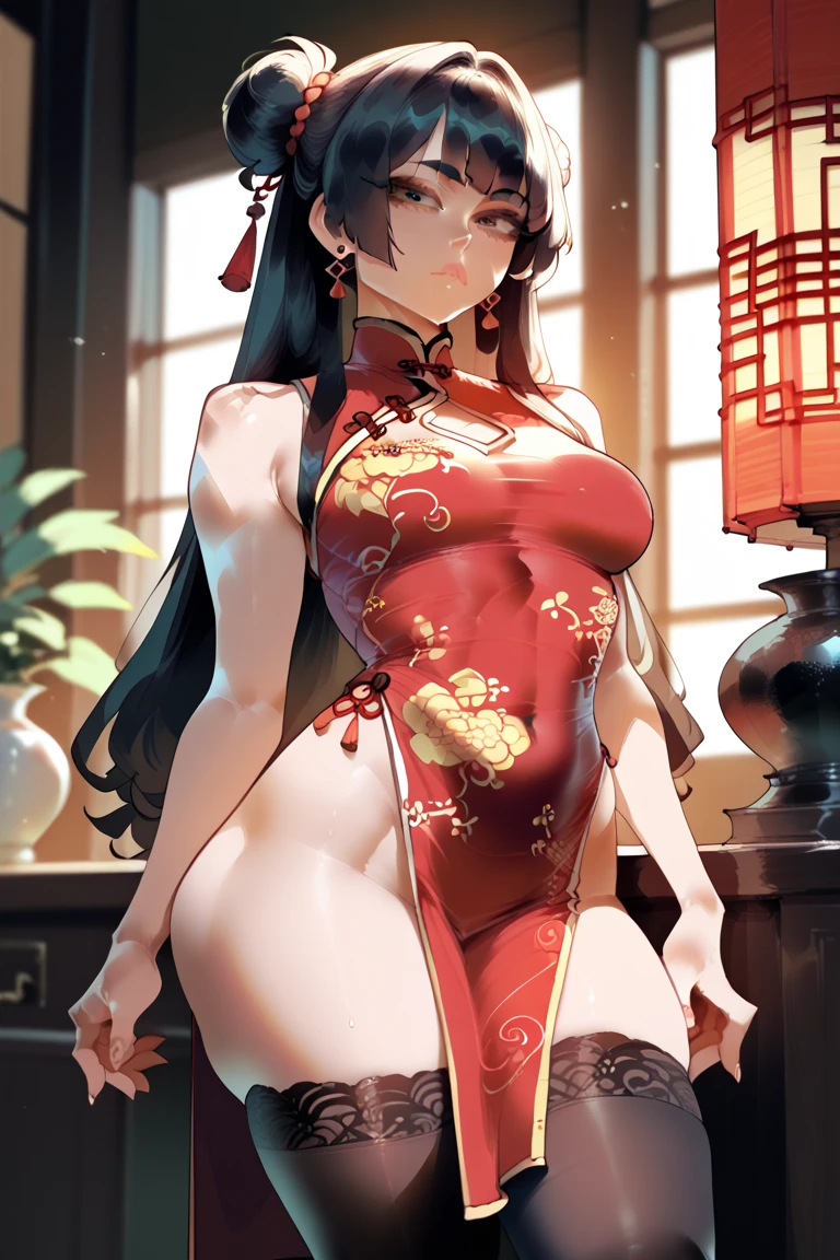 Masterpiece, Superb Body, Extremely Normal Body, Cave House Flower Candle Night, Wedding Scene, (((Single)) (Kneeling Position) Mature Woman, Chinese Style, (Royal Sister), Chinese Costume Red Wedding Dress, Hair Bun, Black Long-haired Woman, (Embroidered Cloth Shoes ++), Black Stockings, Red Lips, Gentle, Intellectual, Three Bands, Wedding Background, Shun, Red Lantern, Festive Atmosphere, Face Close-up, Face Close-up