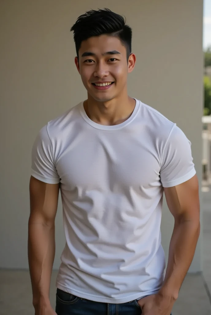 ((Highest quality, 8K, Masterpiece: 1.3))、Thailand Laos Burma Asia, Thai man, A handsome Asian rugby player with short hair, a muscular beard, and big muscles., 1A man who has、 yo、Good appearance、Beautiful nose、smile、 Detailed eyes and face、beautiful light、(studio)、high resolution、(Look at the viewer.)、Fine mouth、smile、whole body: 1.5, perfect shape: 1.3, Picture of both shoulders:1.3, Navy blue round neck t-shirt:1.5