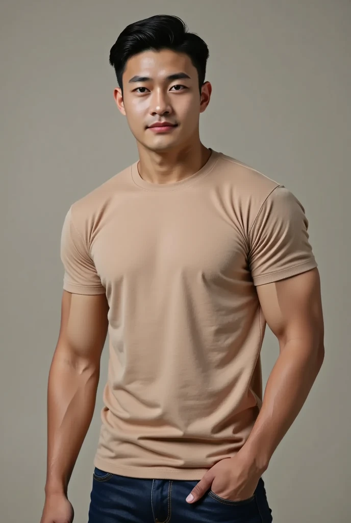 Create a realistic image of a 2 Korean man with an oval face shape, weighing 55 kg, with brown eyes and brown hair styled in a fade cut. He should have a fit physique with normal abs, wearing a fitted shirt. He should exude a sexy and cool vibe with a confident expression and well-defined features. Include subtle signs of arthritis, such as slightly swollen joints and a slight limp, but ensure these details don’t detract from his stylish appearance. Use a neutral background to highlight both his physique and condition