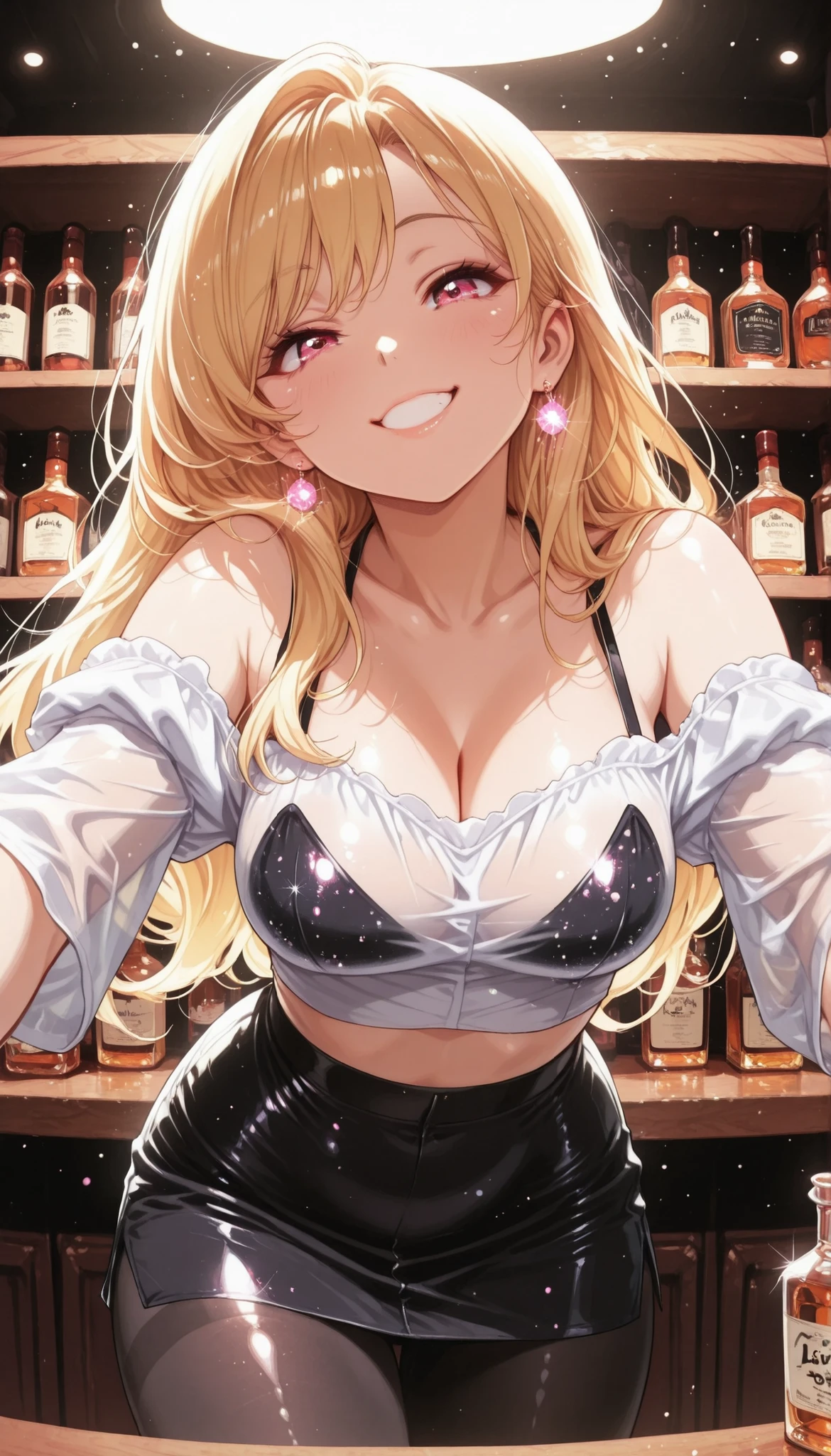 is so lovelyな女子校生, 1 woman, beauty, (blonde long hair, white off-shoulder, See-through Tops, cropped tops, black mini skirt, black pantyhose), dark store interior, Liquor shop, Lively, laugh, nasty smile, close-up, Bottles of sake lined up on a shelf, Glowing Contours, Backlit lighting light, glittering, Glamor, is so lovely, colorful, lively, look at the viewer , sexy pose, high image quality, very aesthetic, Highest Quality, masterpiece.