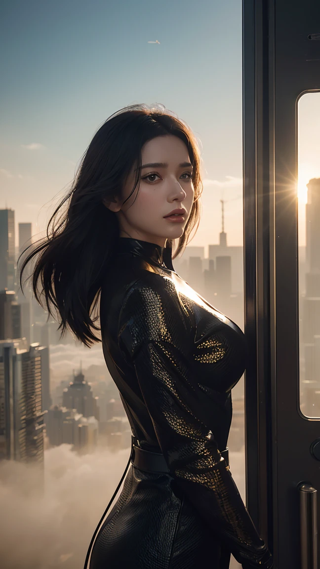 ((masterpiece, best quality, Highest image quality, high resolution, Reality, RAW photos, 8K)), futuristic city，standing on top of the building，Beautiful girl，Tight leather jacket，Off-shoulder，Large Breasts，Long hair，Black Wings，Pretty face，Closed mouth，dramatic，Mid-range portrait，early morning