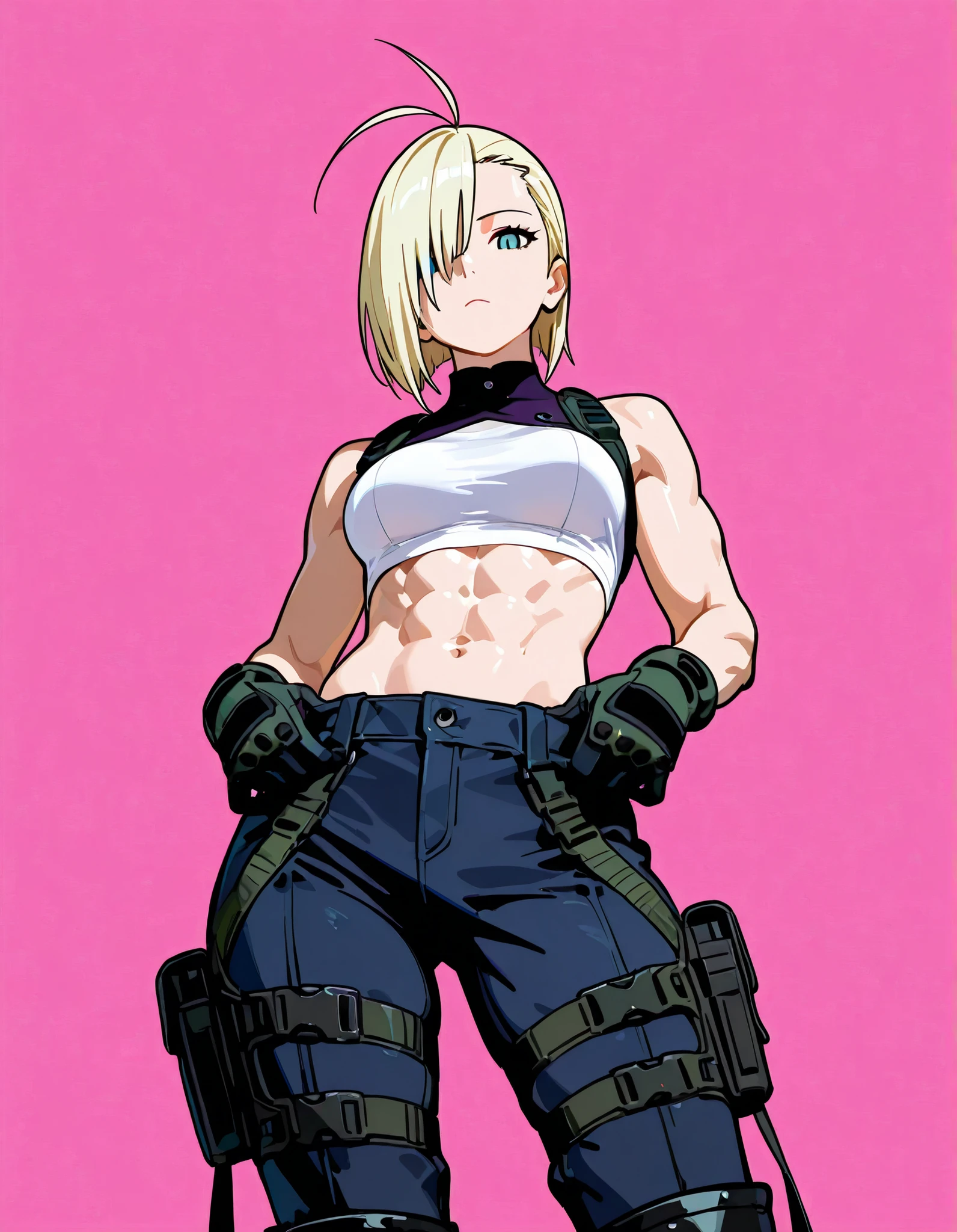 close-up of the face. Beautiful woman in her thirties, blonde hair, long thin face, blue eyes, narrow gaze, short hair, hair slicked back, emo bangs that fall over one eye (antenna bangs) (Yamanaka Ino bangs), tall and athletic woman, tight white top, black tactical pants, black high boots, black gloves, athletic body, muscles, thin waist, defined abs, thin face. Masterpiece, best quality, 2D, flat shading, flat illustration, minimalist, pop art style, neopop, linear drawing, vector line, 1 girl, alone, medium breasts, (colored background, simple background), looking at the viewer, no makeup, in a sexy pose, beautiful eyes, detailed eyes. City art in the background (angle: front view, viewer's height)