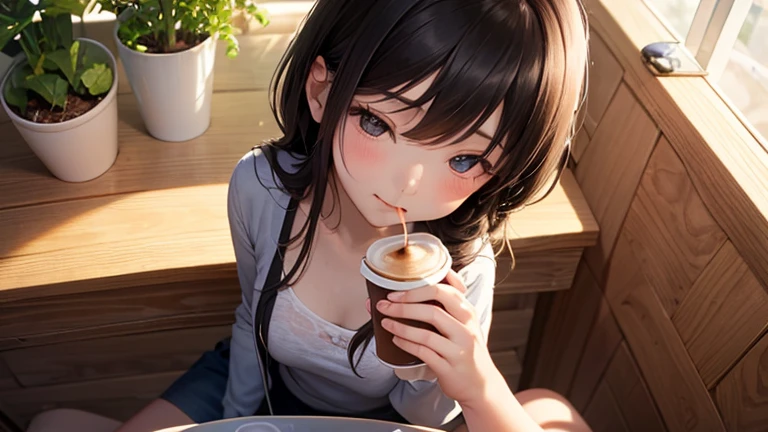 Stylish cafe、masterpiece, highest quality, Cinematic Light, 8k resolution, Sharp focus: 1.2, 25-year-old woman, Sexy Woman,hot coffee on the table、listen to music、whole body、 sleepy、