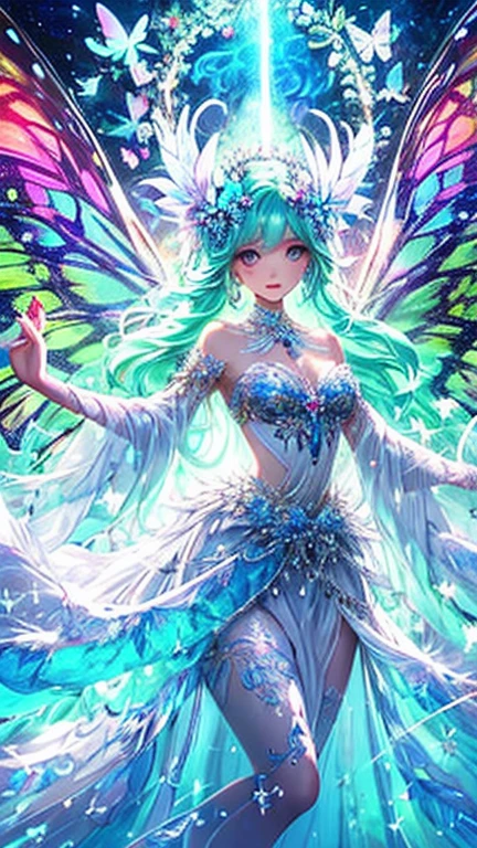 ultra detailed fairy with holographic dress and wings, well placed wings, stuningly beautiful face, focus on face, dynamic pose, holographic, light particles, mystical magic looking, fairy tale, forest at night with some fireflies, ultra detailed illustration by Loish and Artgerm, WLOP, hit definition, 32k resolution, best quality