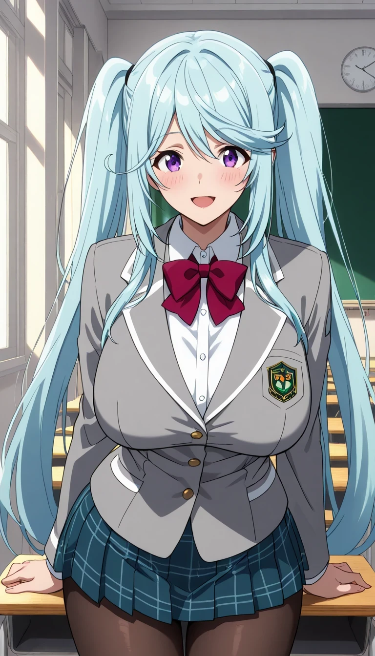 score_9, score_8_up, score_7_up, source_anime top quality、8k、masterpiece、natural light、high accuracy、perfect anatomy、One woman、Big Breasts, sagging breasts, epsilon, long hair, twintails, blue hair, purple eyes, sidelocks, ( Happy Expression 、fun expression)、school uniform、grey blazer、miniskirt、pantyhose、((school classroom))