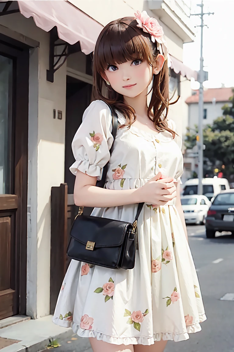 ((masterpiece, Highest quality, Very detailed)), girl, alone,
Fashion Model, cute female model, Girlish style, Floral print dress, Backstrap shoes、Small Bag, Street Corner, Cafe, Soft Light