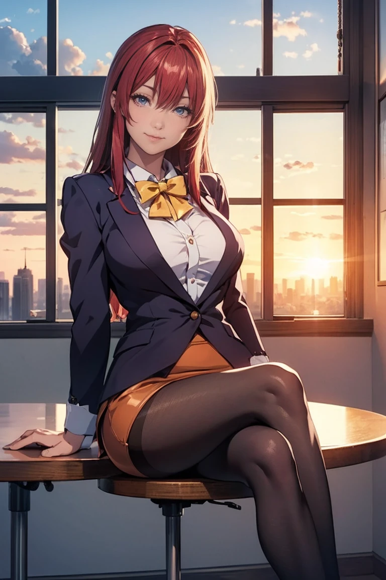 (High quality illustrations:1.2), Japanese cartoons, Hiroko Takashiro, 1 girl, adult, alone, sit on the table, spread legs, whole body, [[Close-up cleavage]]]]Big breasts，saggy breasts,looking at the audience, blush, giggle, purple eyes, long hair, Red hair, earrings, jewelry, teacher, women&#39;s shirts, bowtie, suit, pencil skirt, Raise your legs high, High heel, Beautiful curves, Big breasts, purple panty, lace, School, window, Sky, Sunlight, City, complex background, Sunset,