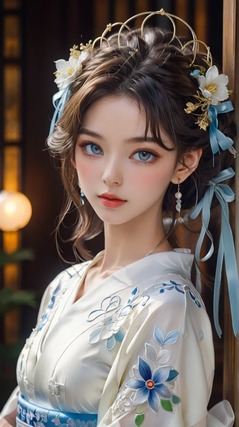 <lora:koreanDollLikeness_v10:0.2>, <lora:elegantHanfuRuqun_v10:0.8>,((wide shot)),(full body),

1girl, [(blue ru_qun:1.4):(hanfu:1.4):0.2],(big breasts under wearing),(kpop idol:0.2),pearl skin,real human skin, black choker, red hair ornament,white detailed clothes, (blue obi:1.4),

(extremly berutiful detailed face), happy mood, detailed eyes, thick eyebrows, red eyeshadow,shiny eyes, looking at viewer,smile,(smooth chin:0.85), long hair, blunt bangs, braid, golden hair ornament,