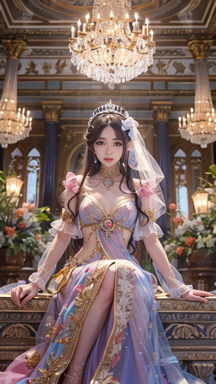 ((highest quality, pieces fly, ultra high resolution、the most complex and detailed depiction))、most gorgeous princess、The most luxurious and luxurious palace princess room、(The most extravagant and gorgeous princess costumes:1.2)、(upper body photo:1.2)、(水槽の中の詳細でComplex描写:1.1)、(Under the floor and the windows are a huge aquarium.:1.3)、(The most luxurious huge aquarium:1.2)、Beautiful fish swimming under the floor and in the window、A space based on emerald blue and purple, fantastic curtains、artistic curtain decoration、There are many beautiful corals and shells in the room.、sitting on a fantastic and special bed、great decorative bed、large amount of jewelry decoration、A big smile looking at me、wavy hair、Complex、whole body jewelry decoration、most gorgeous princess costume、the most luxurious decoration、Beautiful scales that shine in a very complex way、very finely drawn scales、huge top quality tiara、huge top quality necklace、Clear and detailed background、The whole room is fantastically decorated、All fantastic and sparkling backgrounds
