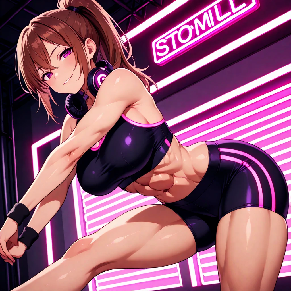 1girl tomboy stretching public nude small breasts blushed angry face hairy pussy glasses athletic body short hair at apartment