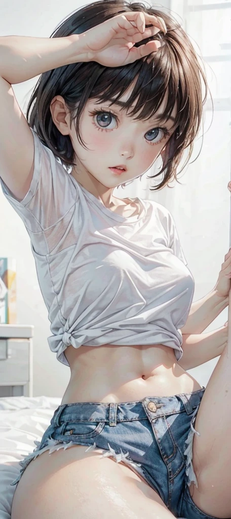 cute girl . Very kawaii , round face . alone , Slim , medium breasts , short and small . shiny skin . Pure white tube top T-shirt . shorts . dynamic poses . dynamic angle . No background , White background , looking at the audience