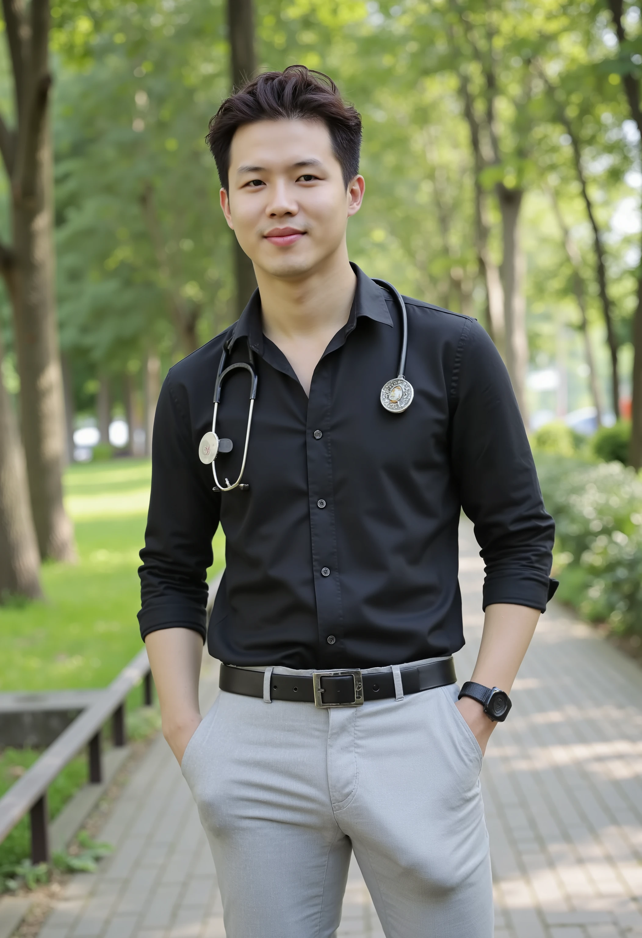A young Thai or Asian man with a handsome doctor's face, wearing thick and long (Show full look)Wear a neat office outfit, a black tie-dye long-sleeved shirt, light gray slacks in polyester fitted fabric, a black belt, a square steel buckle, showing a cylindrical embossed chin.(Dick) Thick and long at the tip, it resembles the shape of a mushroom head in very clear bloom. The slant pointing up towards the trouser pocket looks very seductive, taking a step at the park. ยืนสูบบุหรี่เท่ห์ๆ