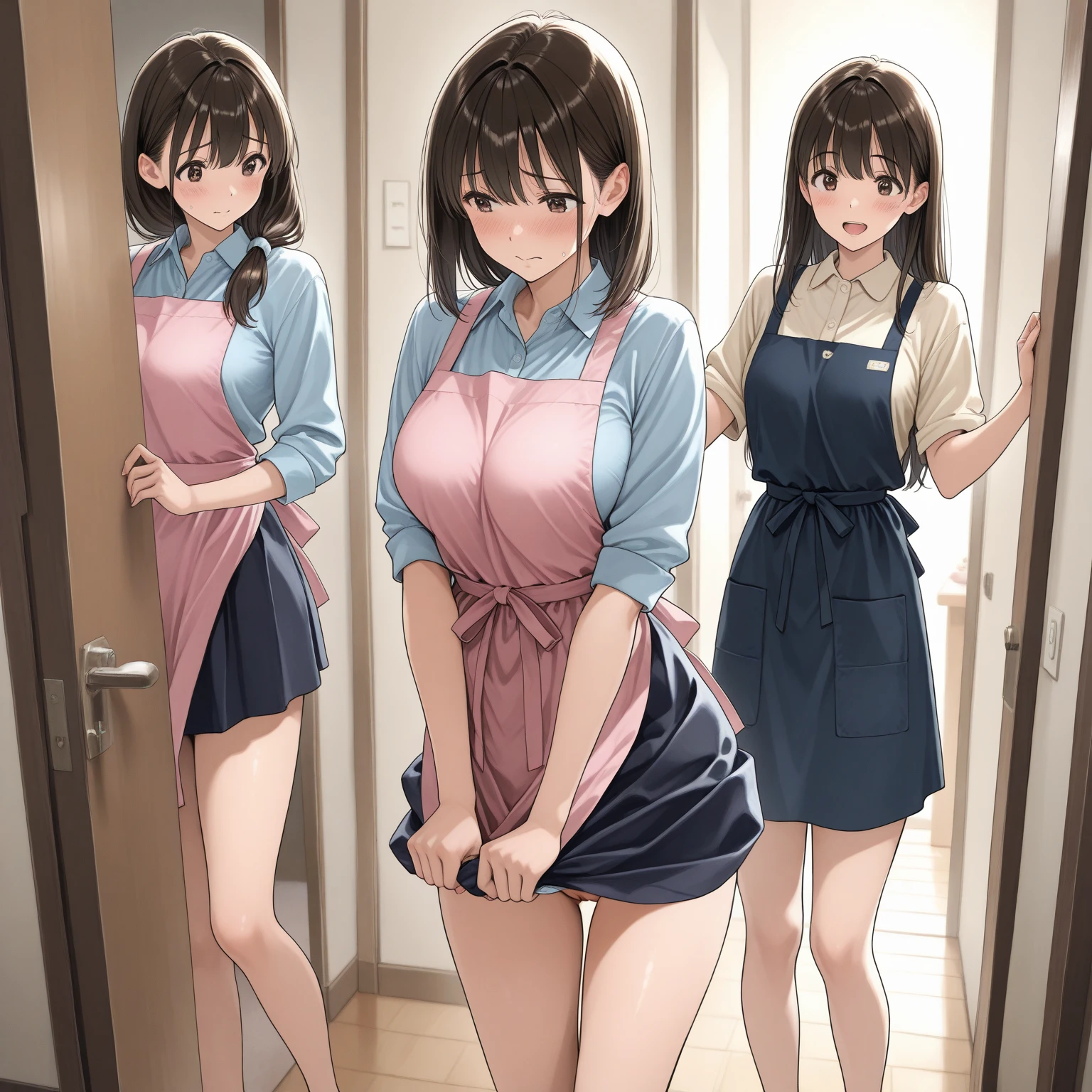 Cute Girls, Lifting the apron, Spread your legs and show your panties, Purple panties, Show off smooth armpits, Sweaty body, ponytail, Brown Hair, Embarrassed look, light Purple panties, Detailed panties, In front of the classroom, Semen-covered body, Wet body, Cover your face , Unbuttoned shirt, Small cleavage